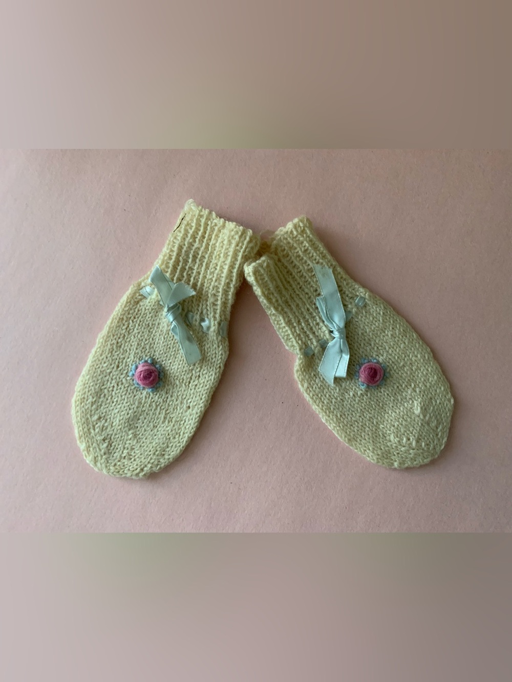 Vintage 70s Cream Knit Baby Mittens with Pink Flower Accent